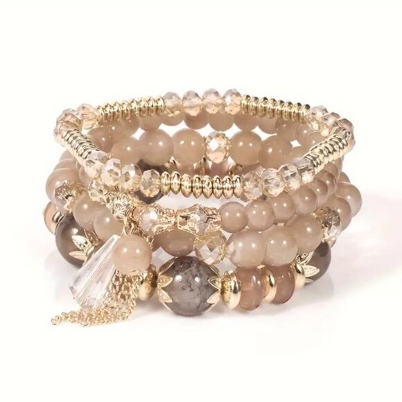 ✨NEW✨ Crystal Beaded Bohemian 4pc Bracelet Set - Black/Gold and Rose/Gold - Picture 4 of 6